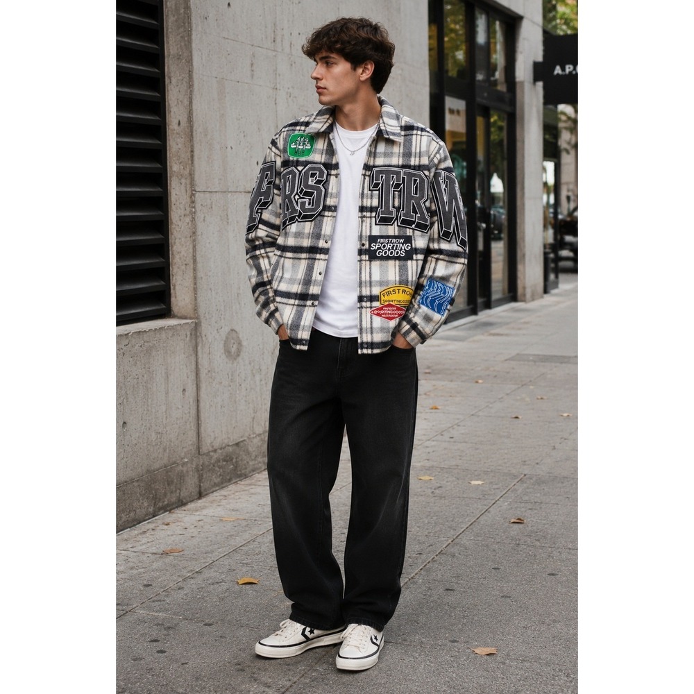 First Row Sporting Goods Plaid Varsity Patch Shirt Jacket Mens M Streetwear